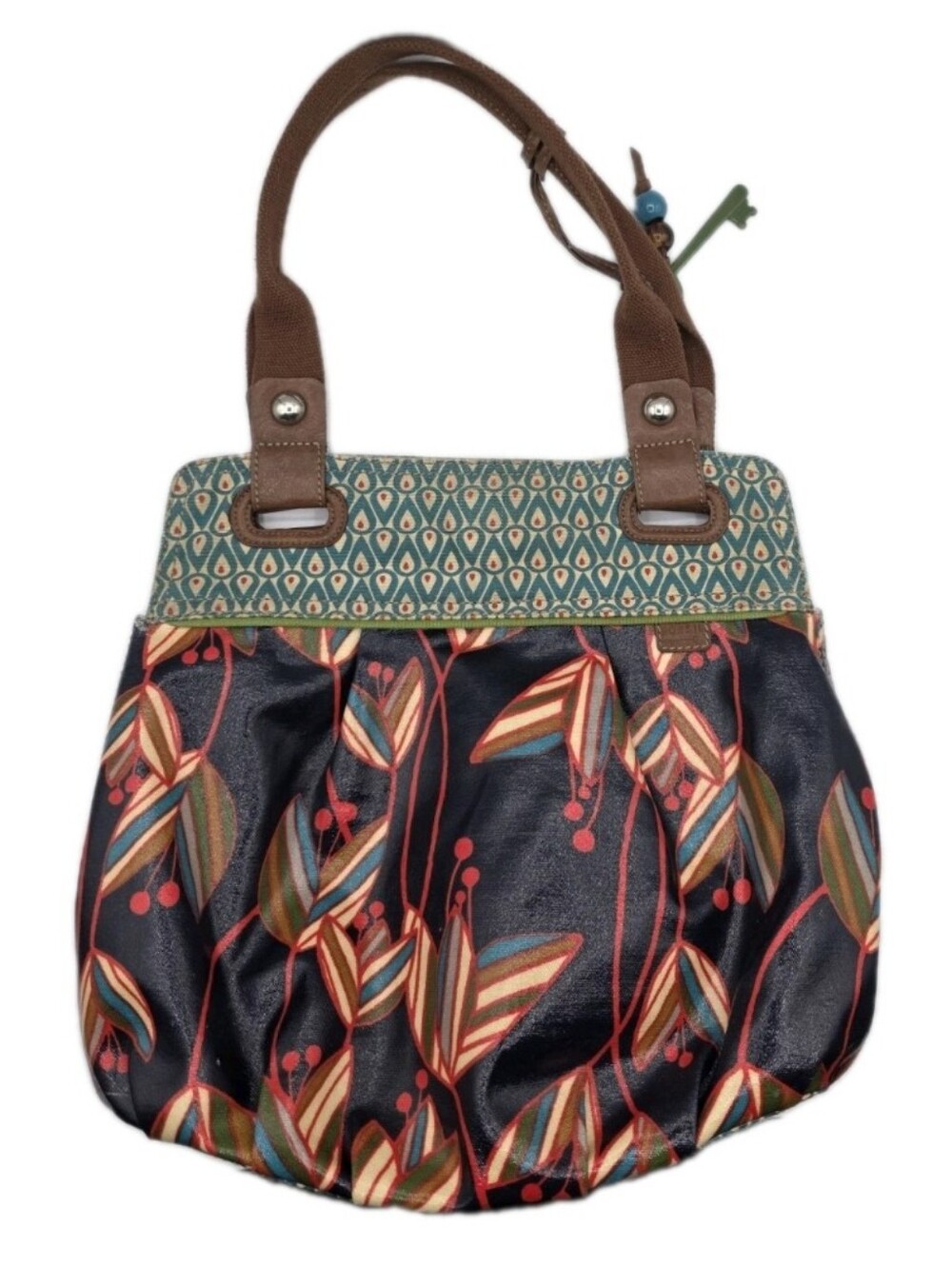 Vintage Y2K Fossil Key Per Coated Retro Floral Canvas Leather Trim Hobo Tote Bag - Picture 13 of 13
